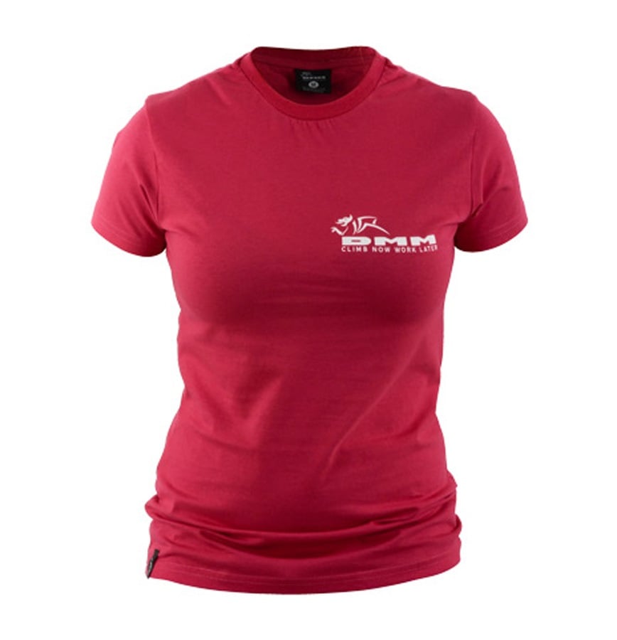 DMM Logo Climb Now Work Later Women's Climbing TShirt, UK 8 Red